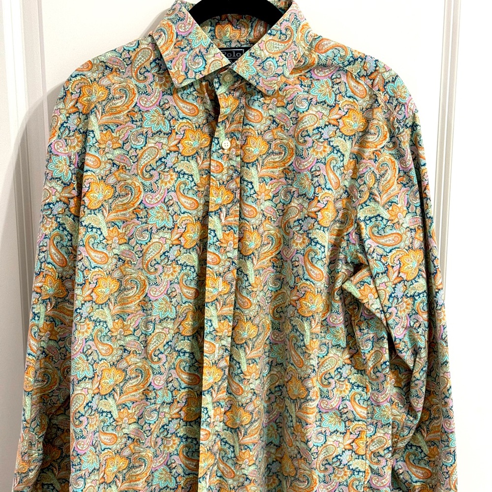 STYLISH MENS PAISLEY POLO BY RALPH LAUREN DRESS-SHIRT LARGE